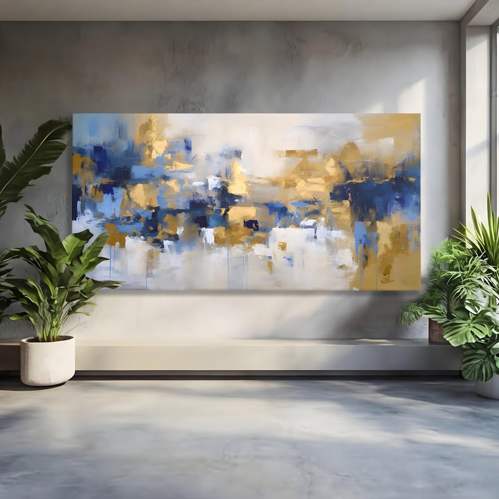 Tablou canvas cu tablou abstract cu pete aurii si albastre, fara rama, pe sasiu de lemn